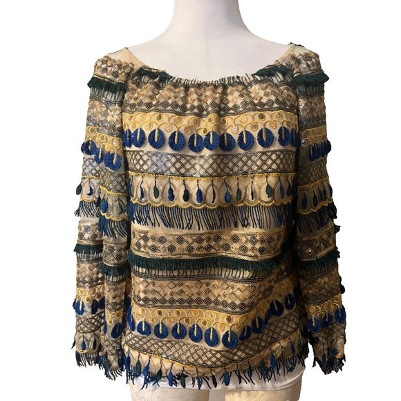 Alice + Olivia Top M Medium Off Shoulder Blue Gold Fringe Sequins - Picture 4 of 11